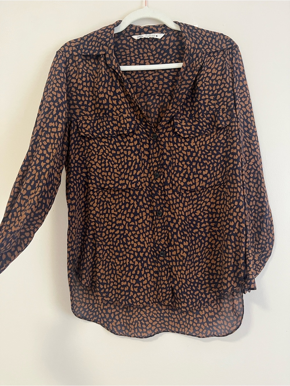 Zara Woven Animal Print Long Sleeve Blouse - Brown/navy